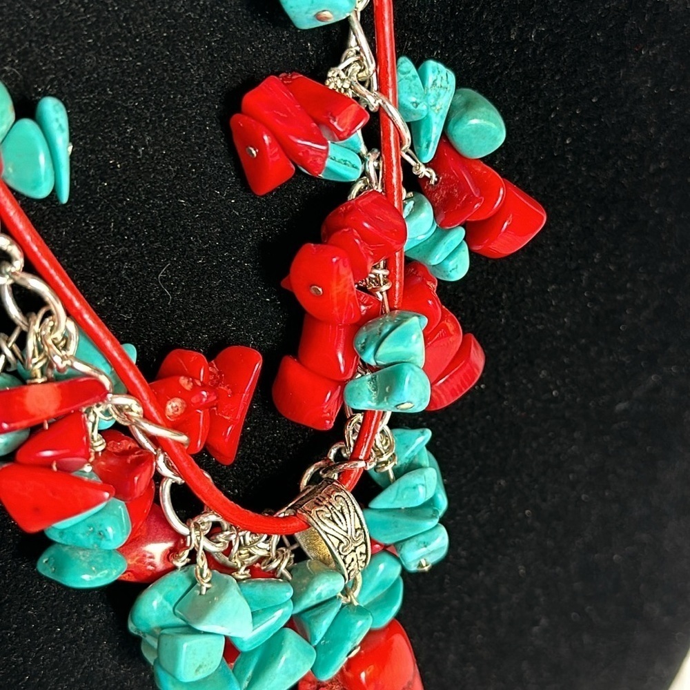 TURQUOISE CORAL Genuine Vinyl Cord & Silver Tone Chain Boho - Picture 6 of 13